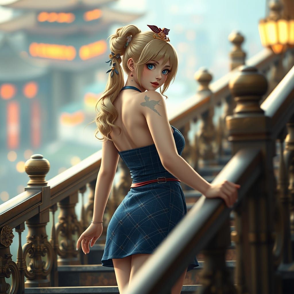 Ethereal Japanese Princess Climbs Majestic Staircase in Hype...