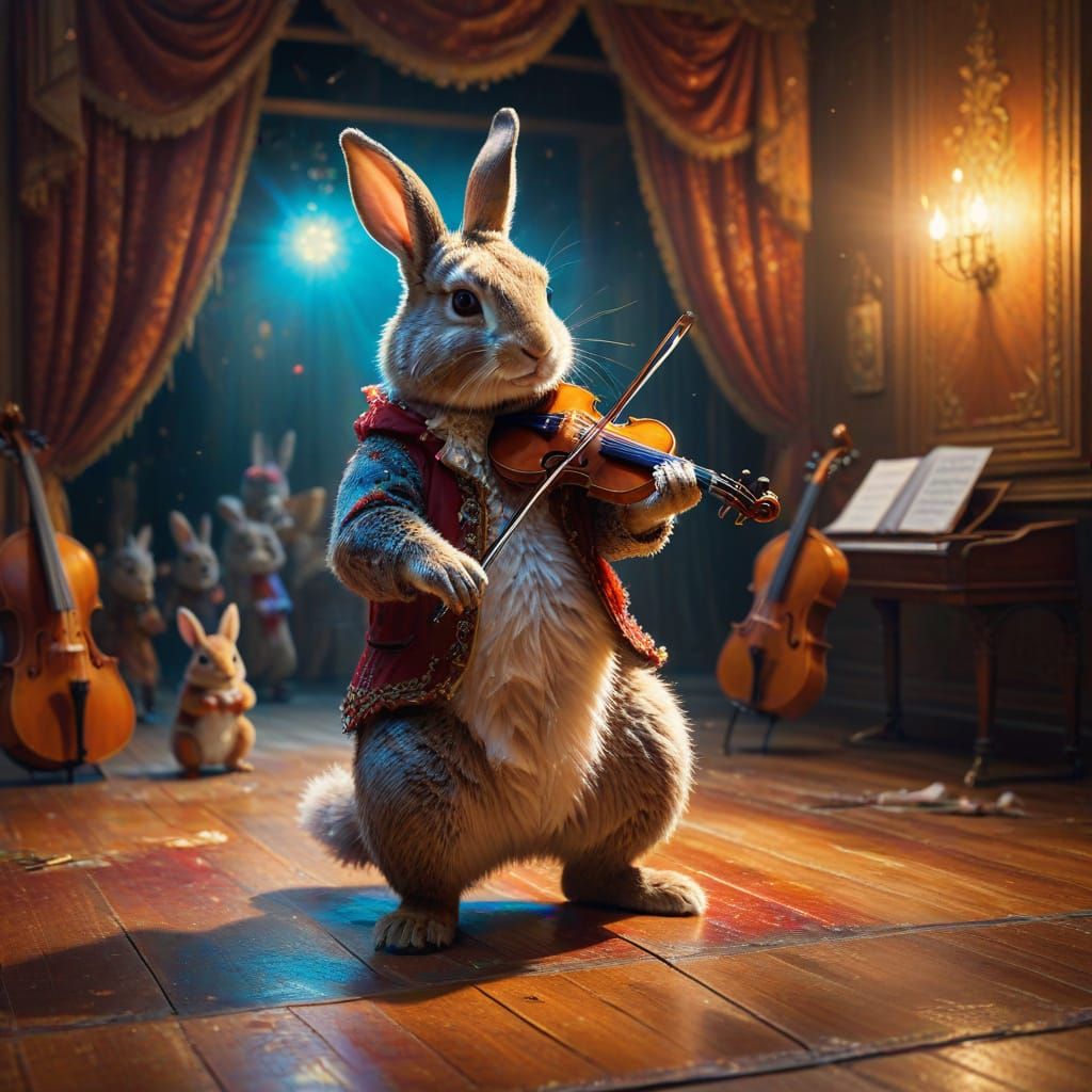 Rabbit Violinist on Stage in Vibrant Oil Painting