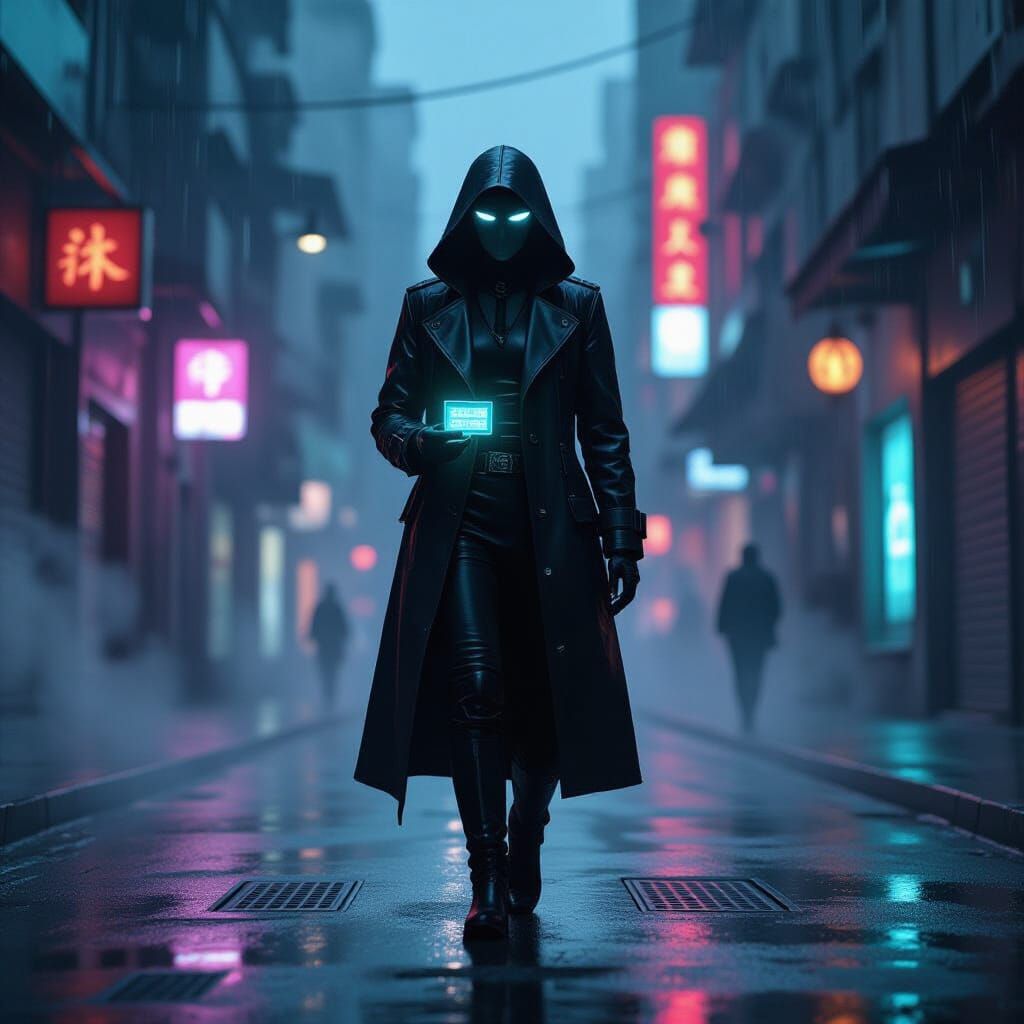 Android Detective on Rainy Cyberpunk Street
