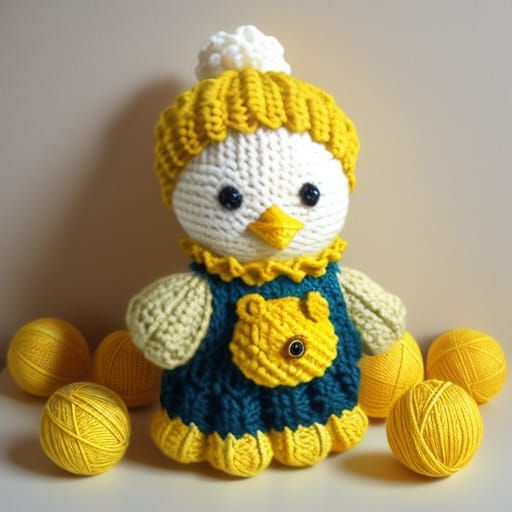 Cute Knitted Chick with Yellow Pom-Pom