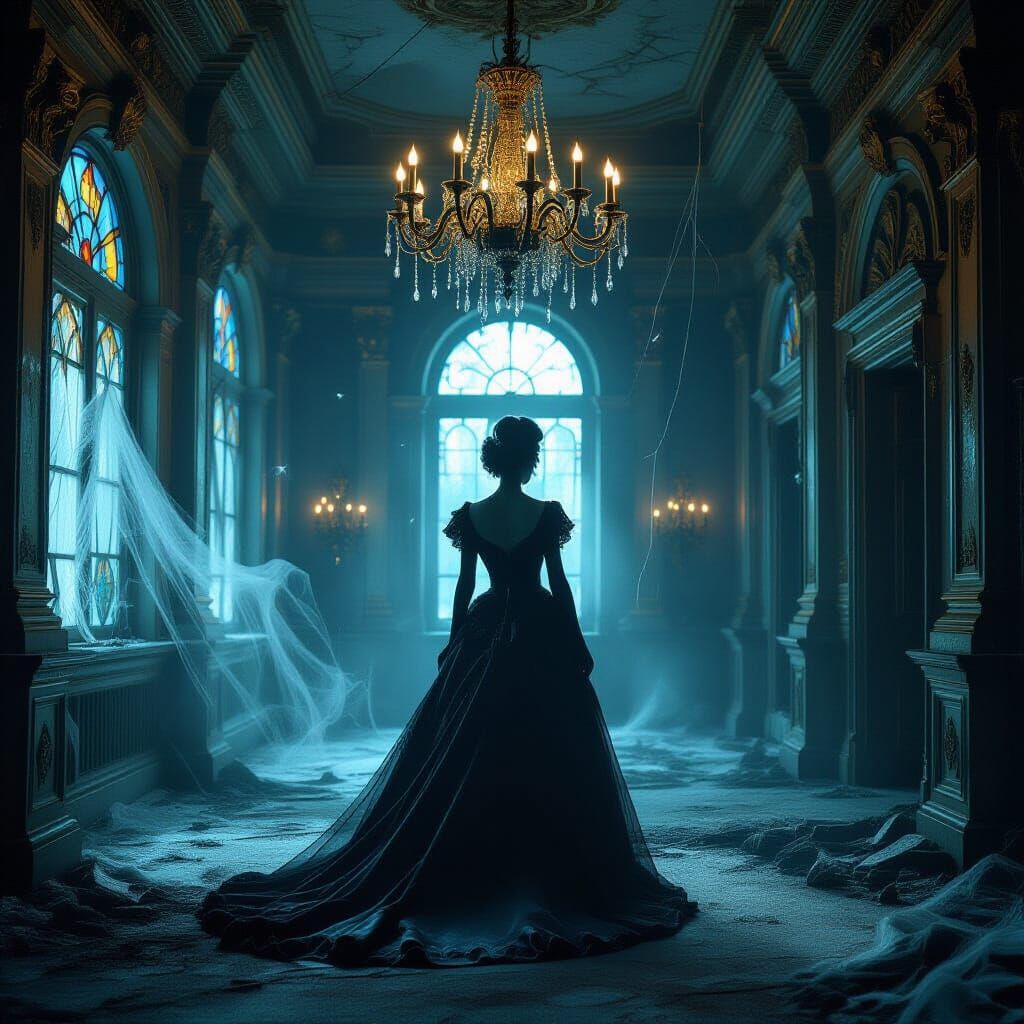 Ethereal Victorian Woman in Decaying Ballroom