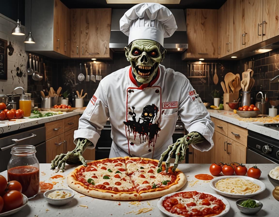 Zombie Chef Attacks Pizza, Detailed Matte Painting