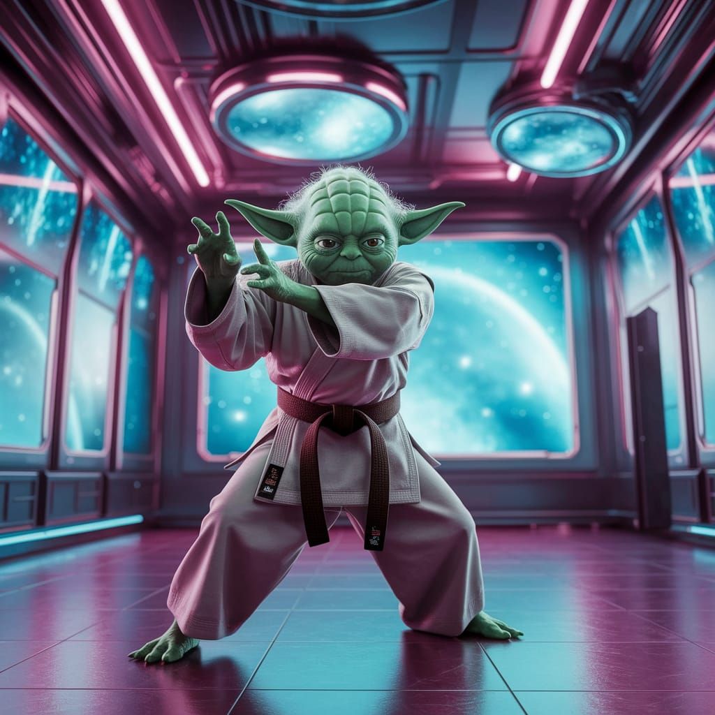 Yoda Practicing Karate in Futuristic Dojo