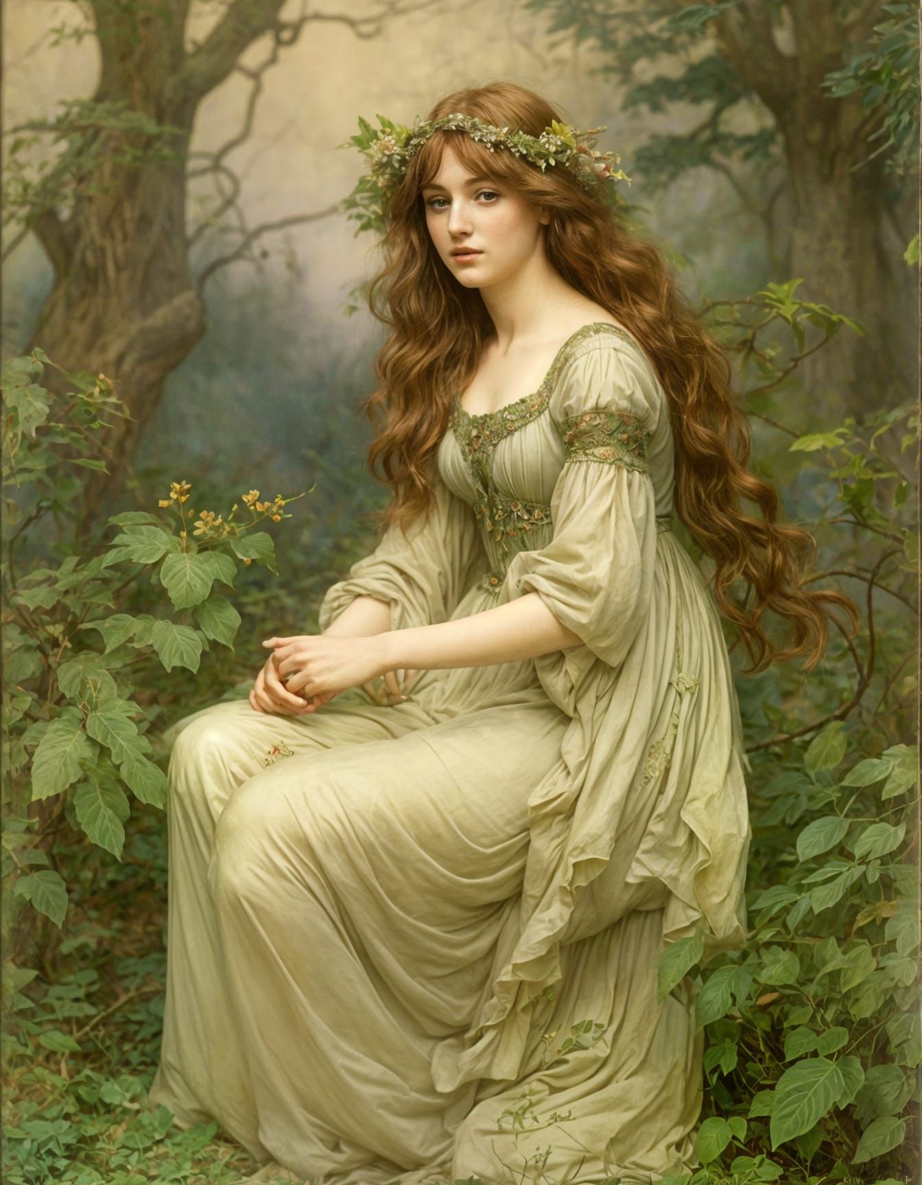 Ethereal Forest Princess on Mossy Throne: Pre-Raphaelite Sty...