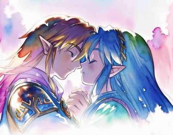 Link and Zelda Embrace in Watercolor Style