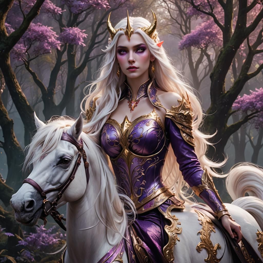 Blood Elf on Unicorn in Dark Fantasy Style
