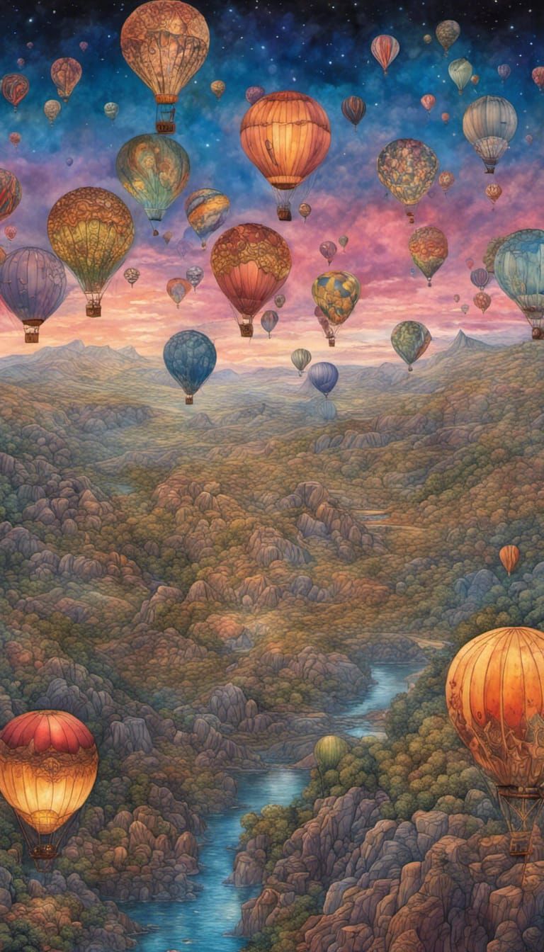 Hot Air Balloons Ascend into Starry Twilight Sky