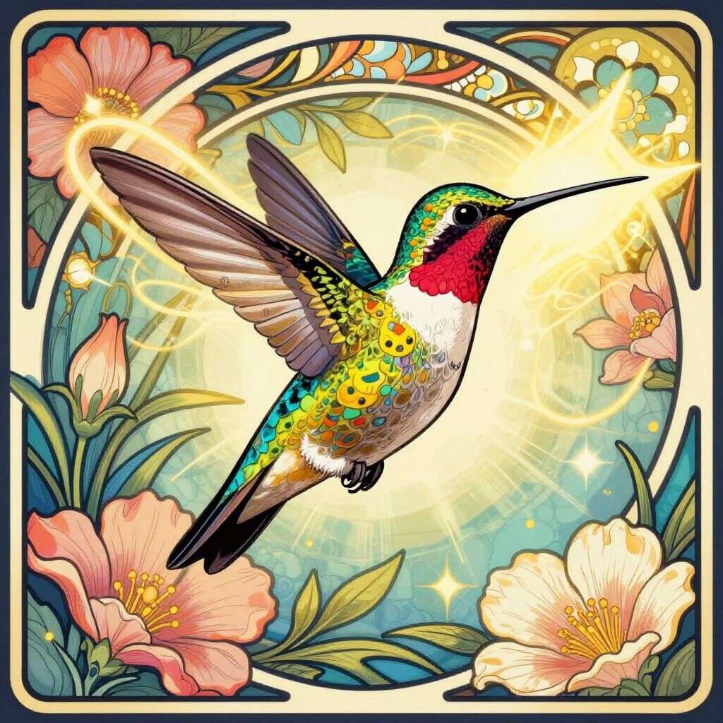 Dynamic Surrealist Hummingbird with Bold Outlines