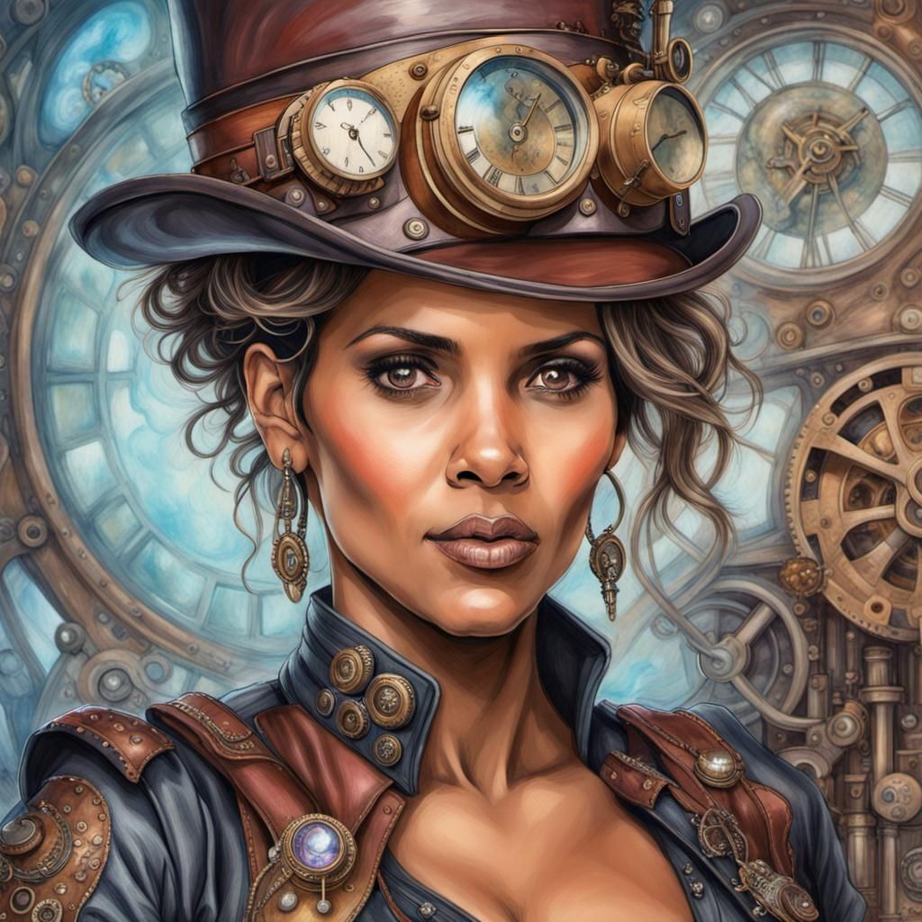 steampunk Halle Berry in a steampunk world