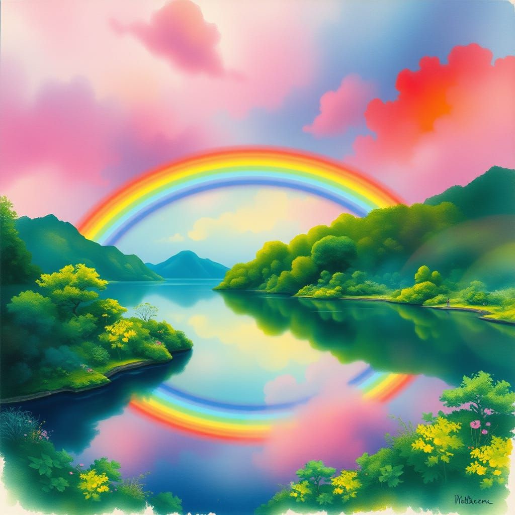 Rainbow Over Ancient Lake in Dreamy Watercolor Style