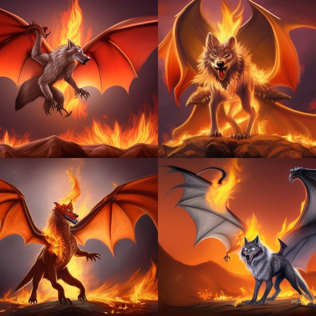 Evil Dragon-Winged Wolf Growling in Fire