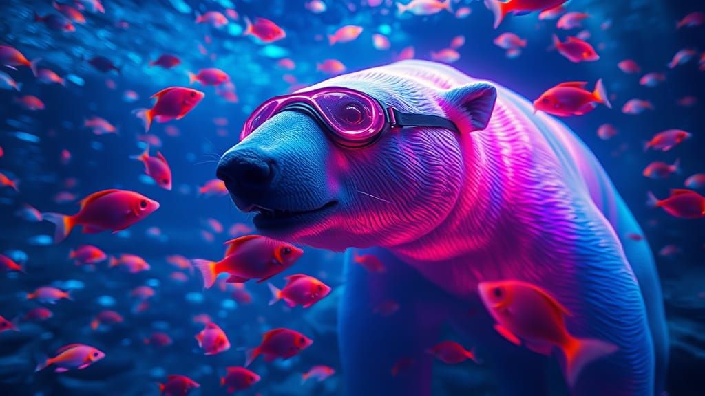 Bioluminescent Polar Bear in Psychedelic Deep Sea Maze