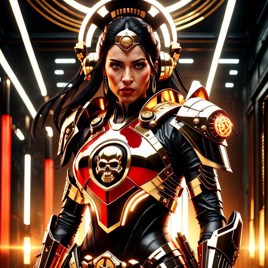 Powerful Armored Woman in Grimdark Sci-Fi Style