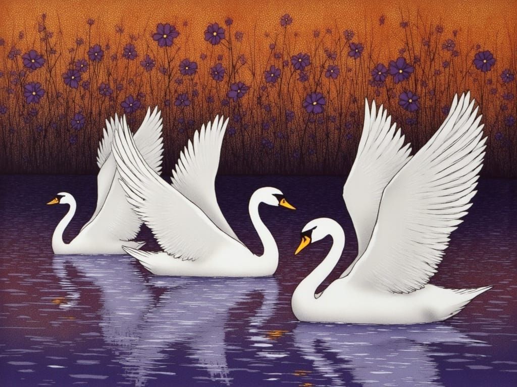 Elegant Swans Soar Over Vibrant, Symbolic Lake Landscape in ...