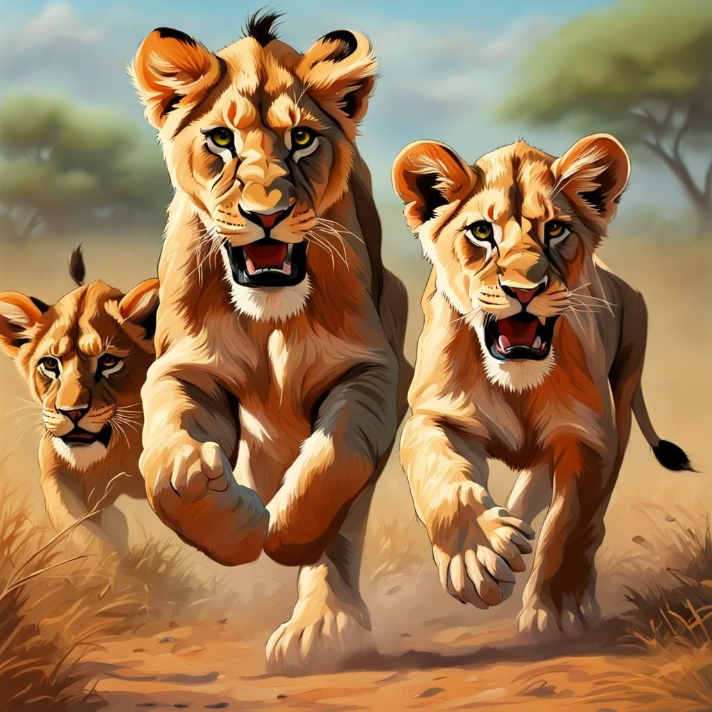 Lions on the Savannah: A Hyperrealistic Splash Art