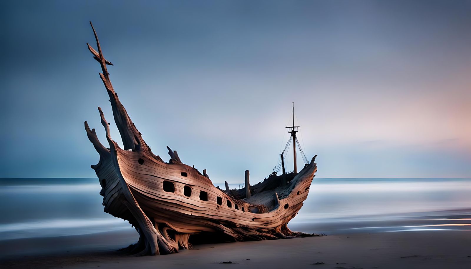 Driftwood Ship Sculpture at Night, Photorealistic Style