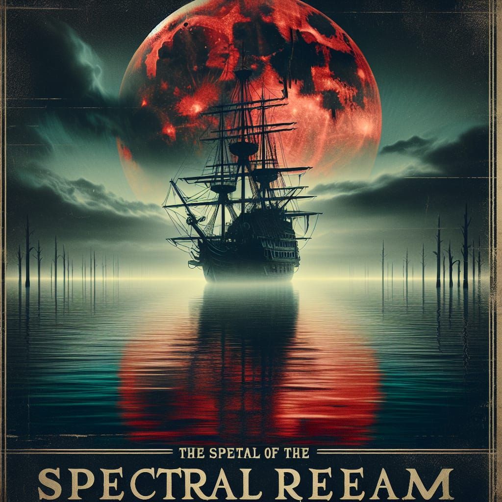 Ghost Pirate Ship Sails Under Blood Moon in Neo-Noir