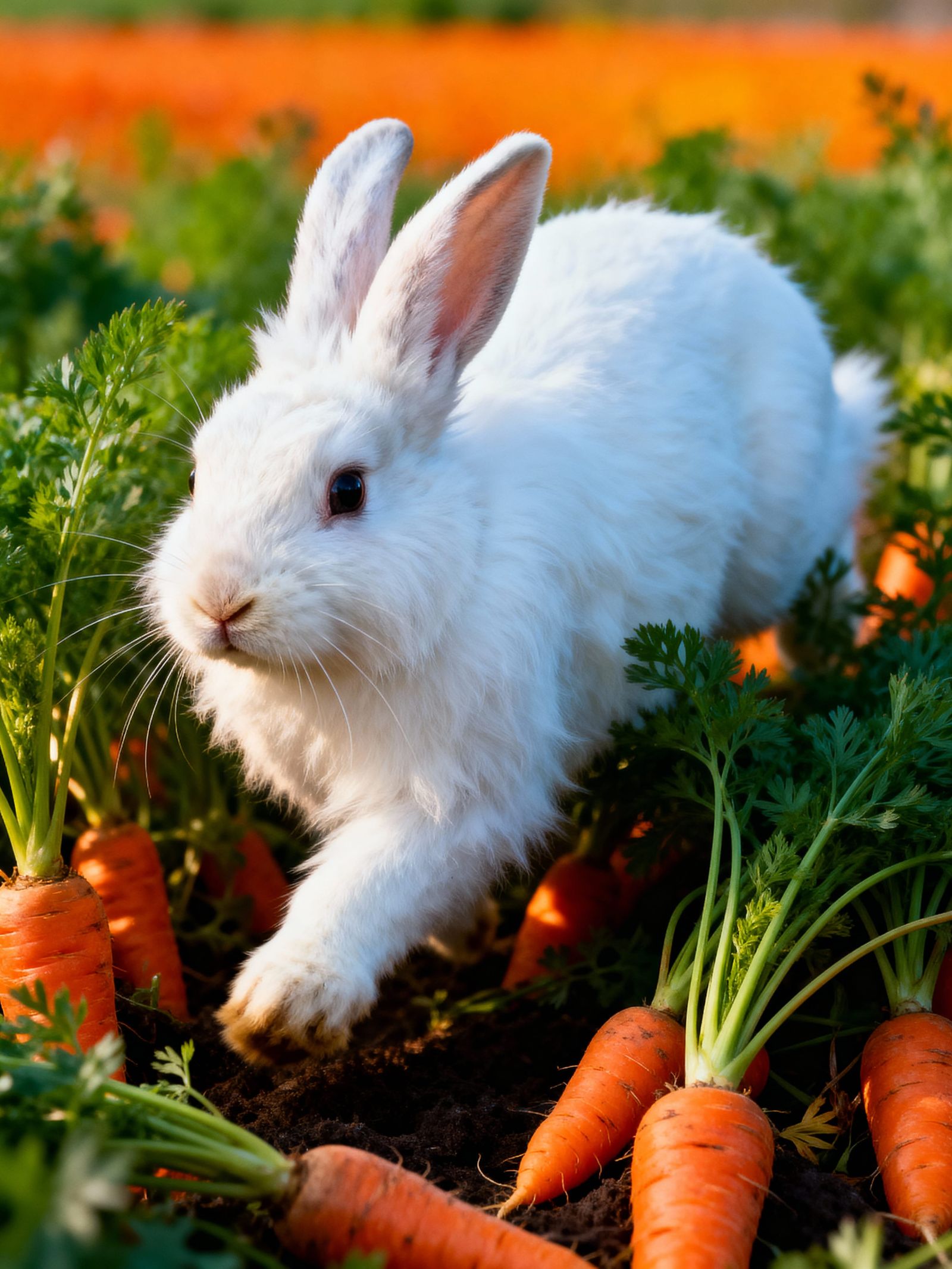 Hyperrealistic White Bunny in Vibrant Carrot Patch