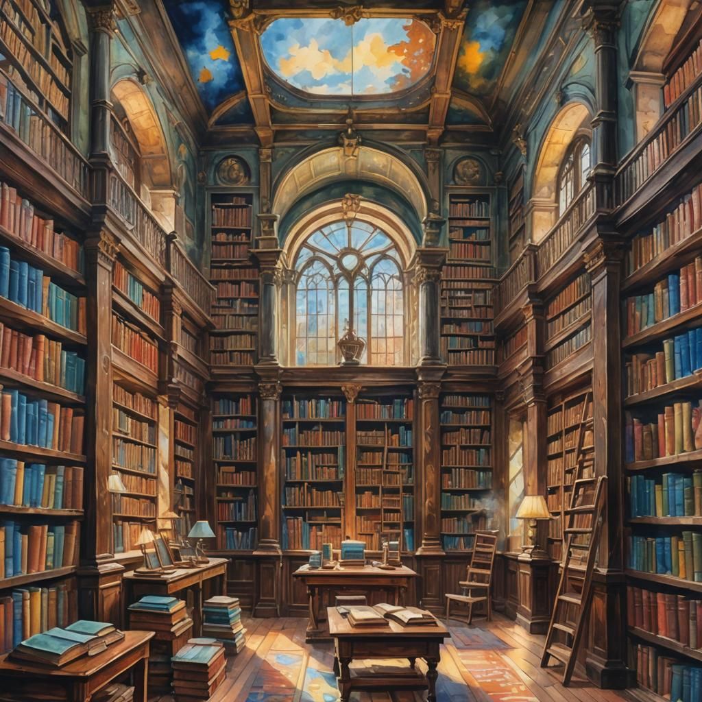 Ancient Library in Gouache Watercolor Style