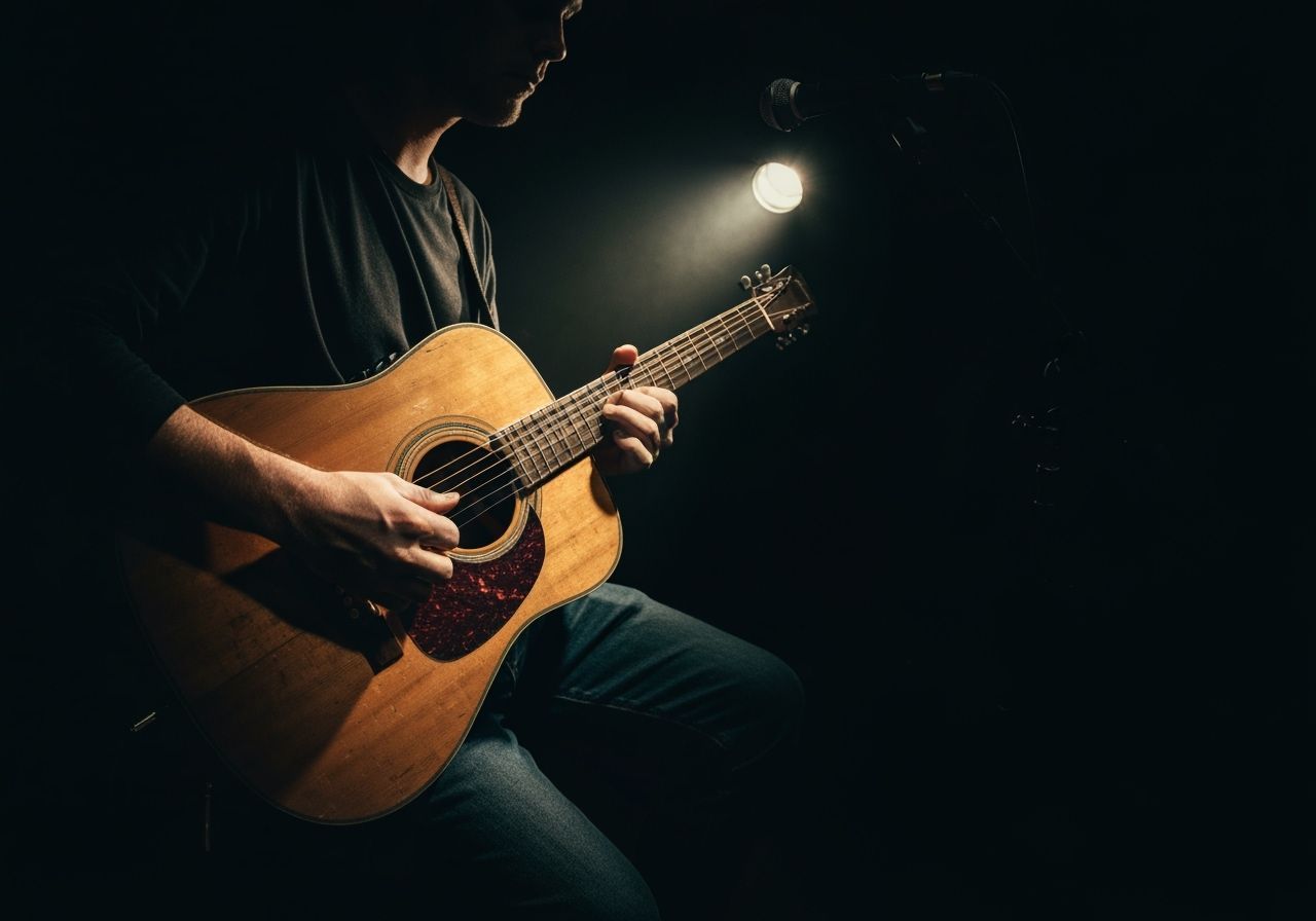 Emotional Musician's Hands on Worn Guitar