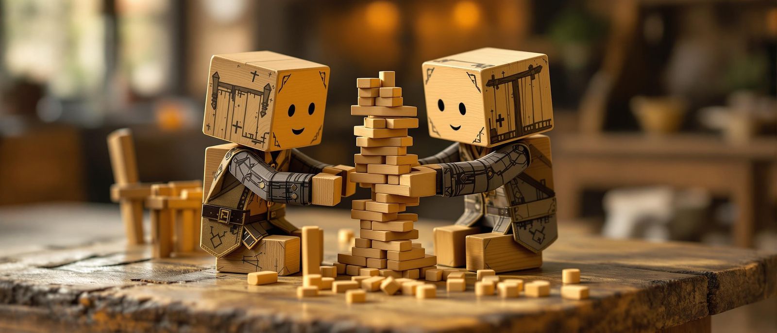 Wooden Block Characters Play Jenga in Whimsical Style