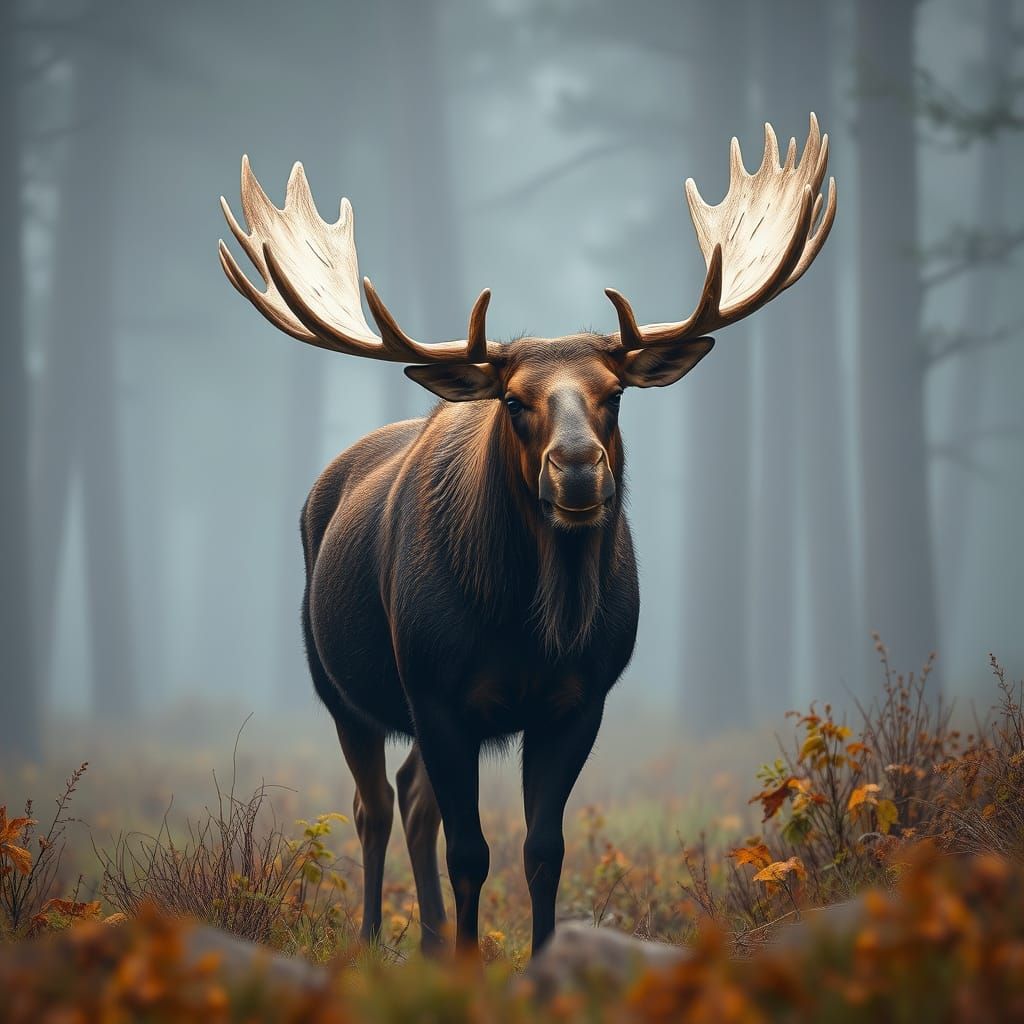 Moose in Misty Forest: Photorealistic Wildlife Scene