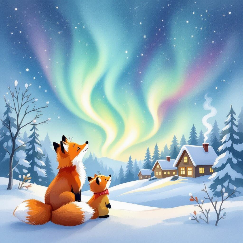 Fox Family Admires Aurora in Whimsical Watercolor