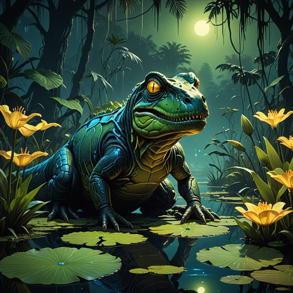 Cyberbiomechanical T-Rex Frog Hybrid in Prehistoric Swamp
