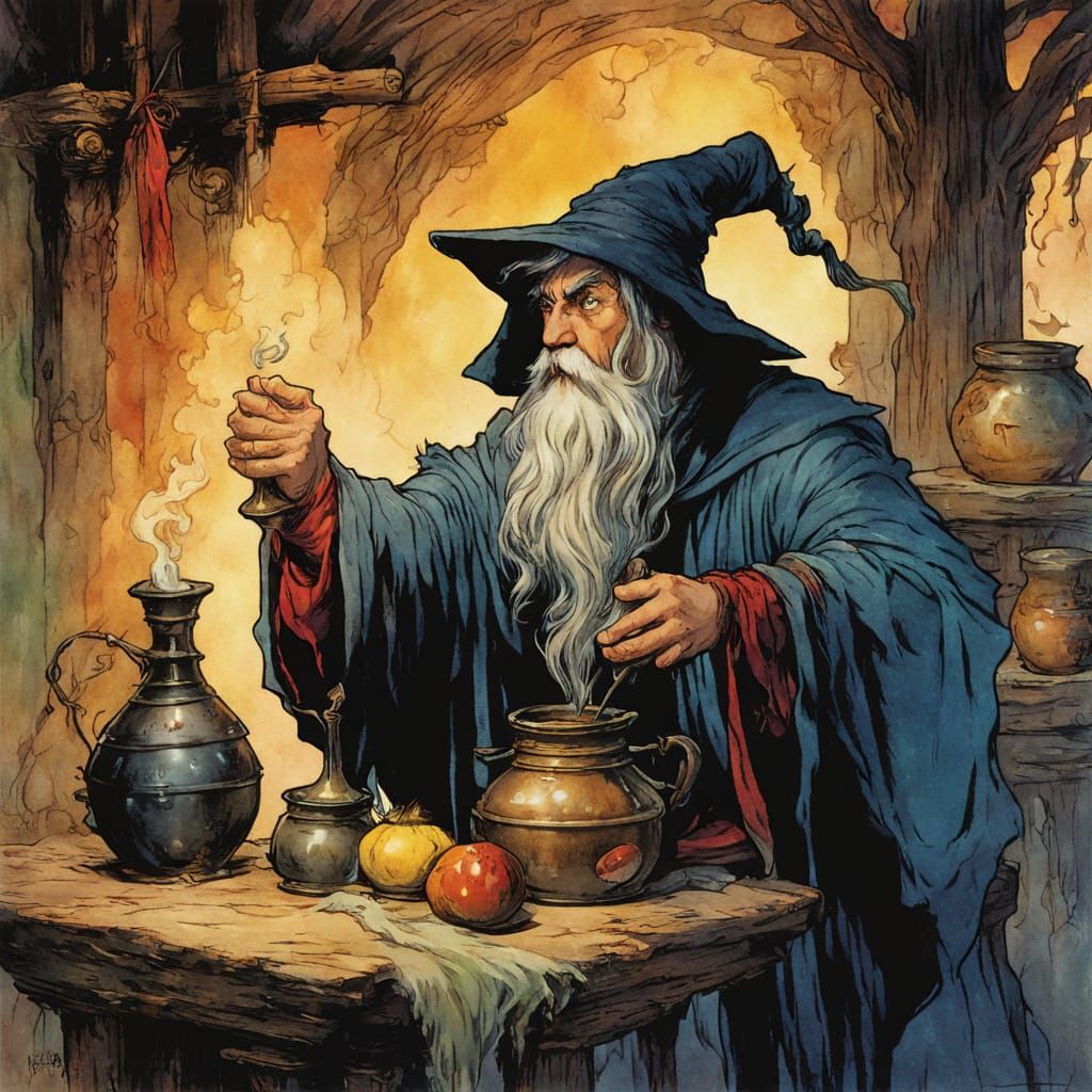 Whimsical Wizard Brews Potion in Saturated Colors