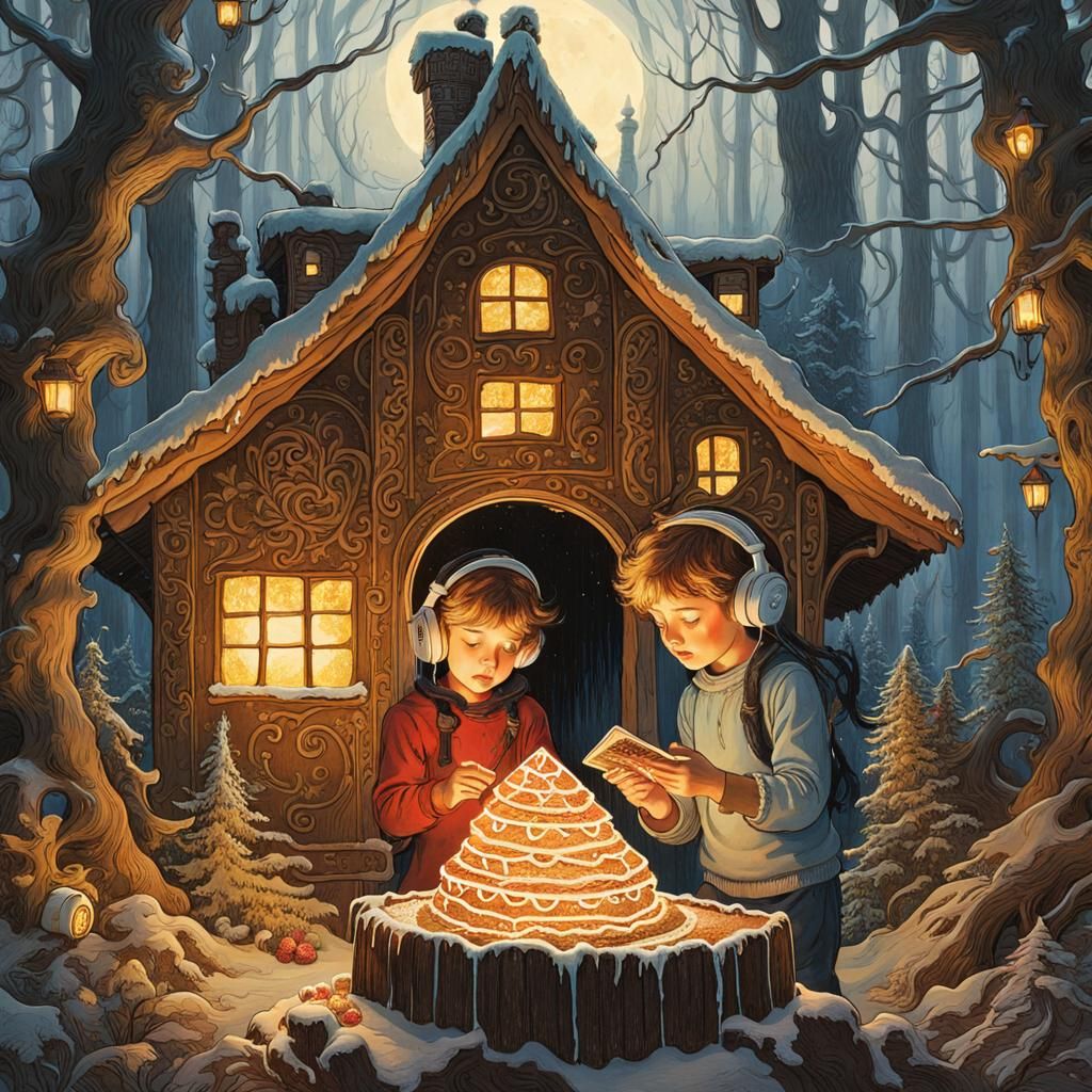 Children Enjoying Gingerbread House in Forest Scene