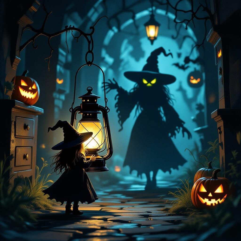 Tiny Witch Trapped in Lantern by Shadow in Horror Corridors