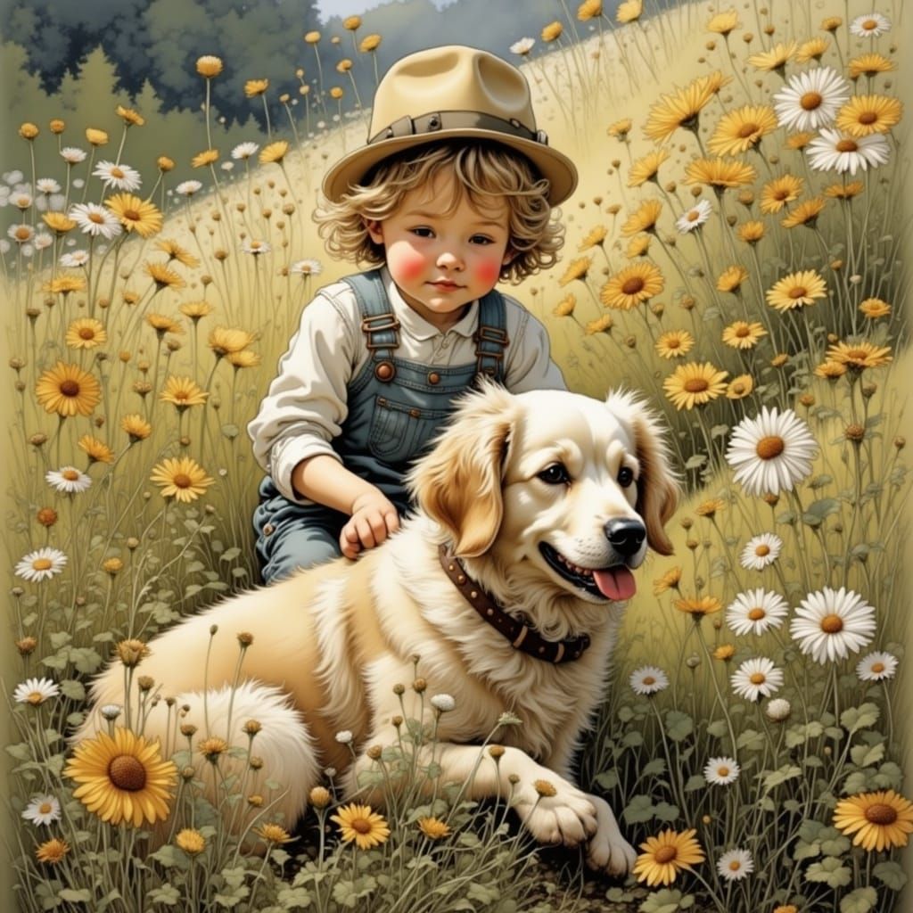 Surreal Whimsical Scene Depicts a Toddler and Dog in a Lush...