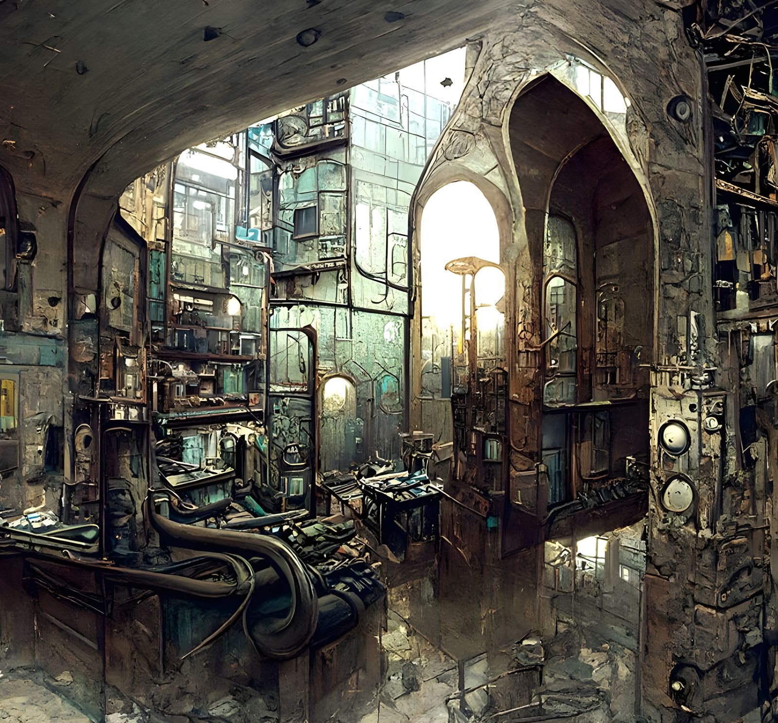 Dystopian Industrial Interior in Post-Apocalyptic Art Nouvea...