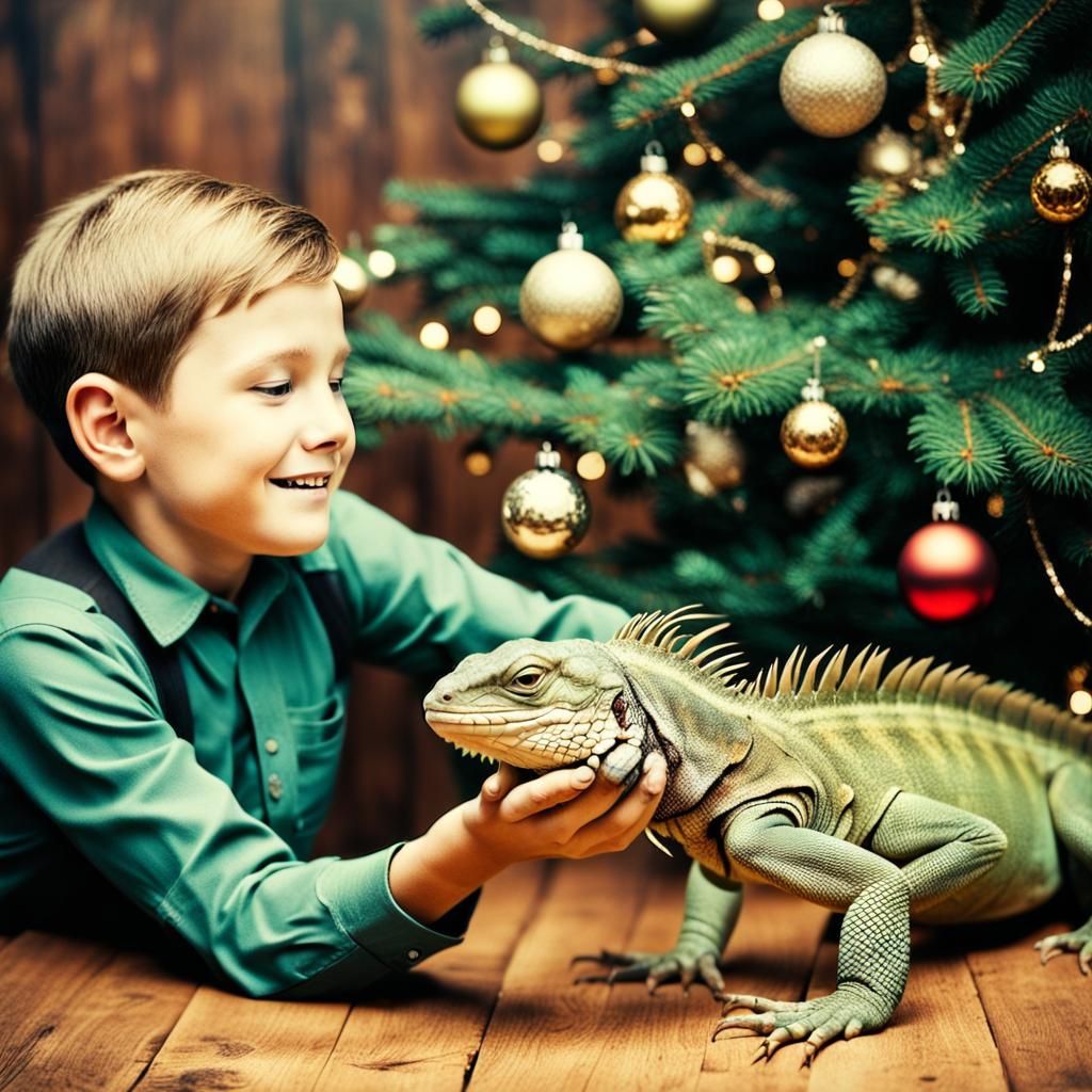 Boy and Iguana by Christmas Tree: Vintage Photo