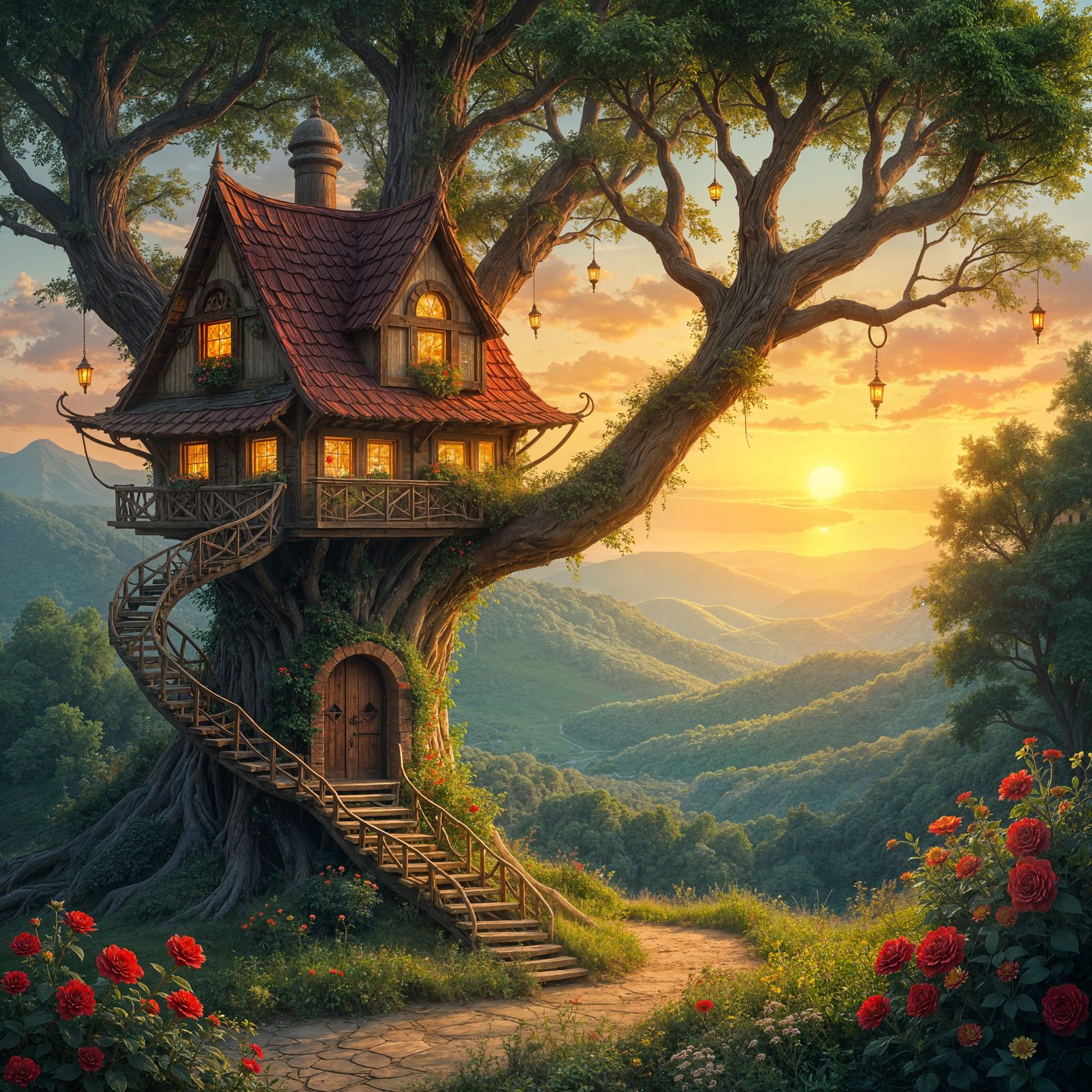 Enchanted Tree Village Glows with Evening Sunlight