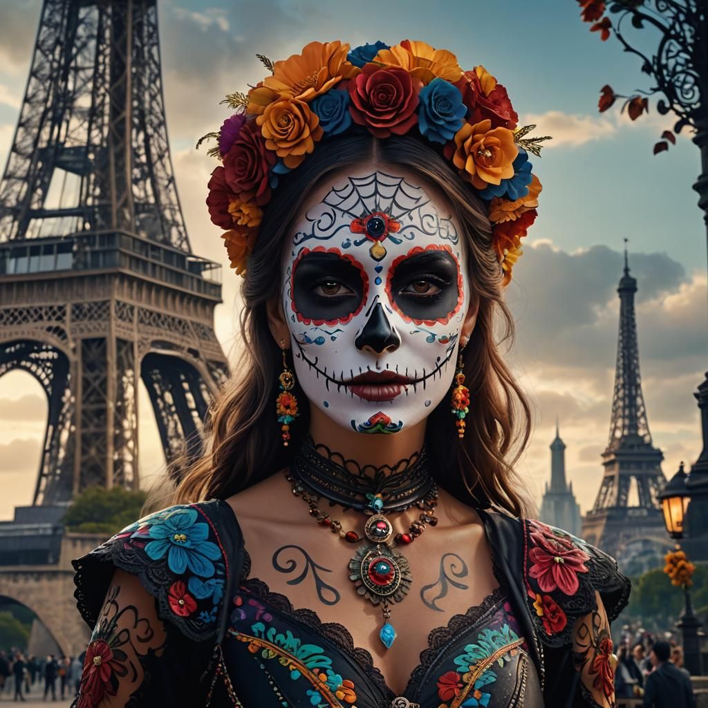 Woman with Día de los Muertos Face Paint at Eiffel Tower