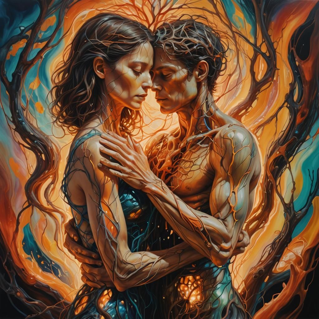 Hands Connecting Souls: Surreal Anatomical Oil Painting