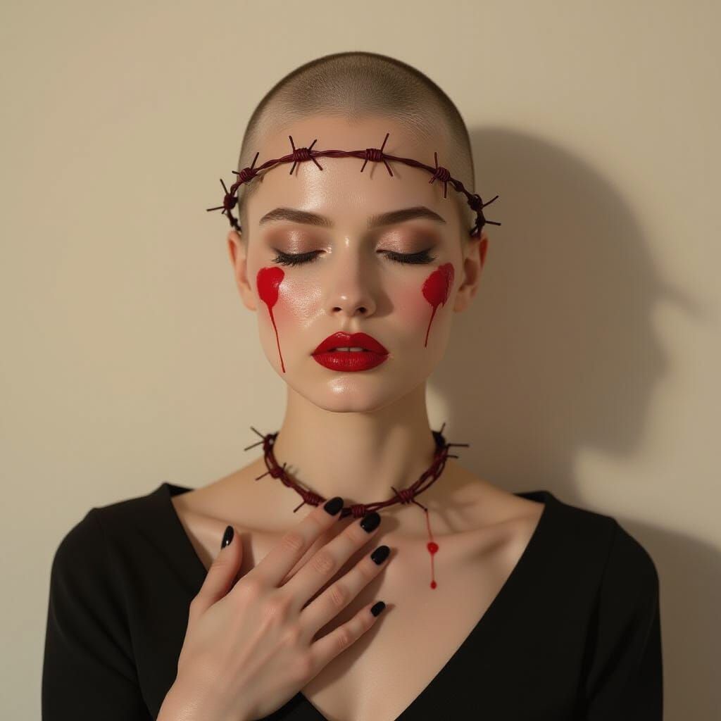 Sorrowful Woman with Red Paint and Barbed Wire