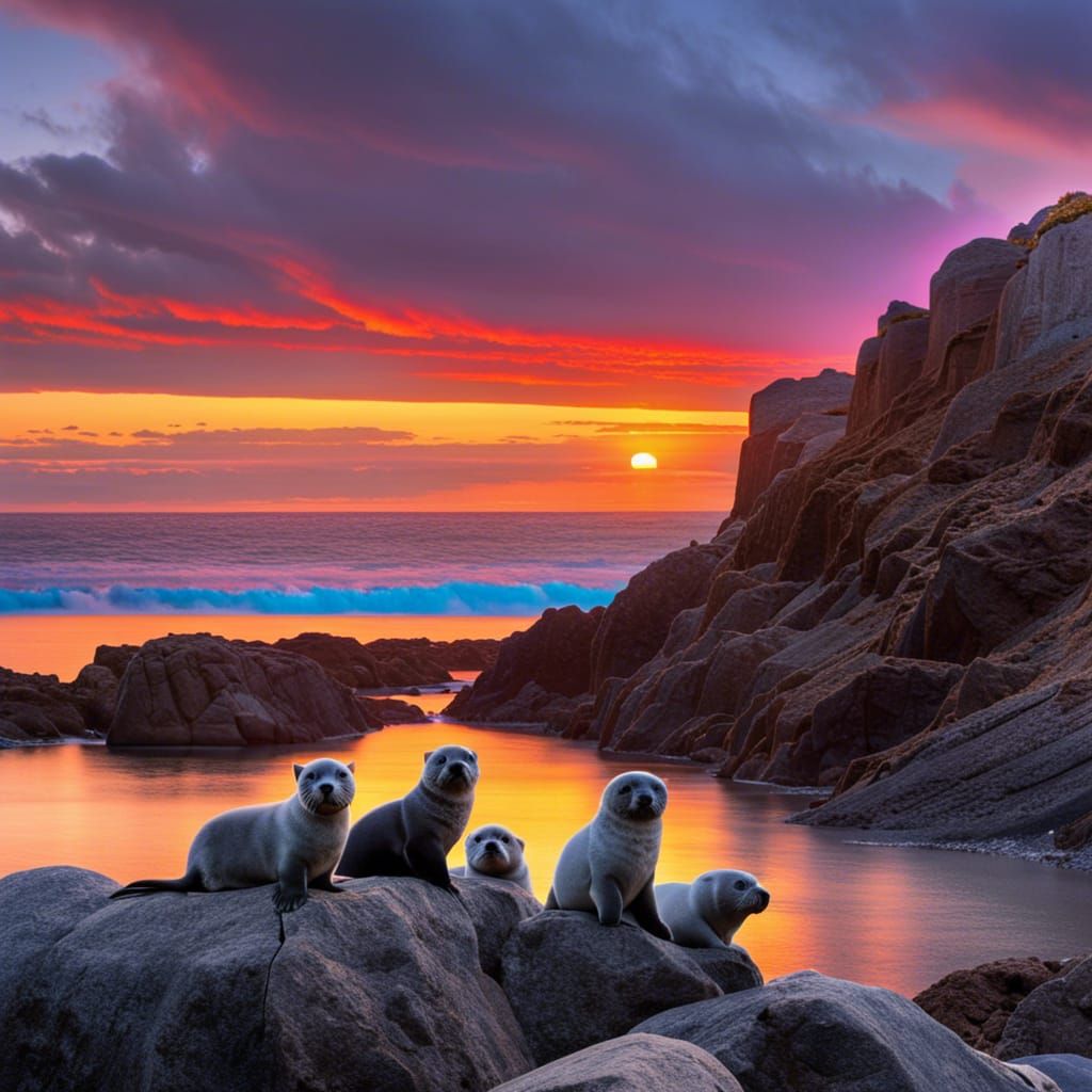 Seals at Sunset: Maxfield Parrish Style
