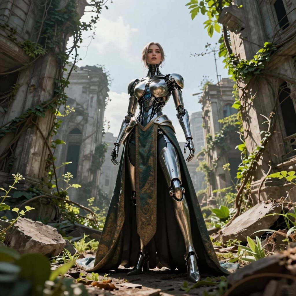 Cyborg Woman in High Fashion Amidst City Ruins