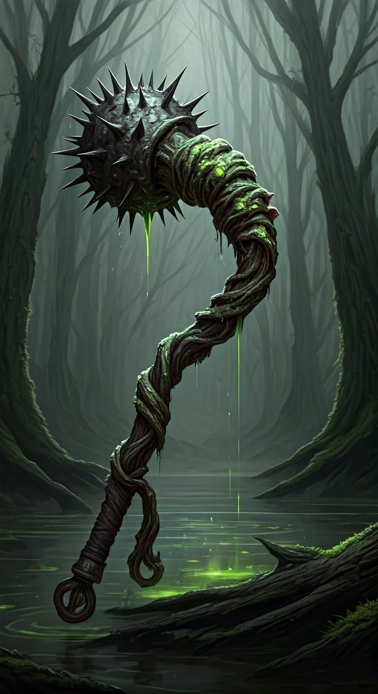 Grotesque Dark Fantasy Flail in Fungal, Organic Style