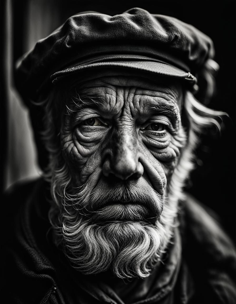 Old Sailor Holding Sleeping Cat, Melancholy Portrait
