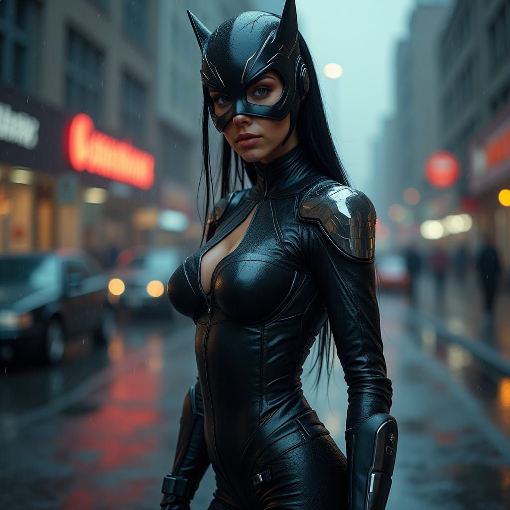 Sleek Female Superhero Poses in Futuristic Cityscape with Li...