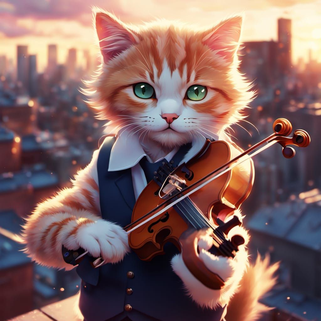 Anime Violinist Plays for Kittens at Sunset