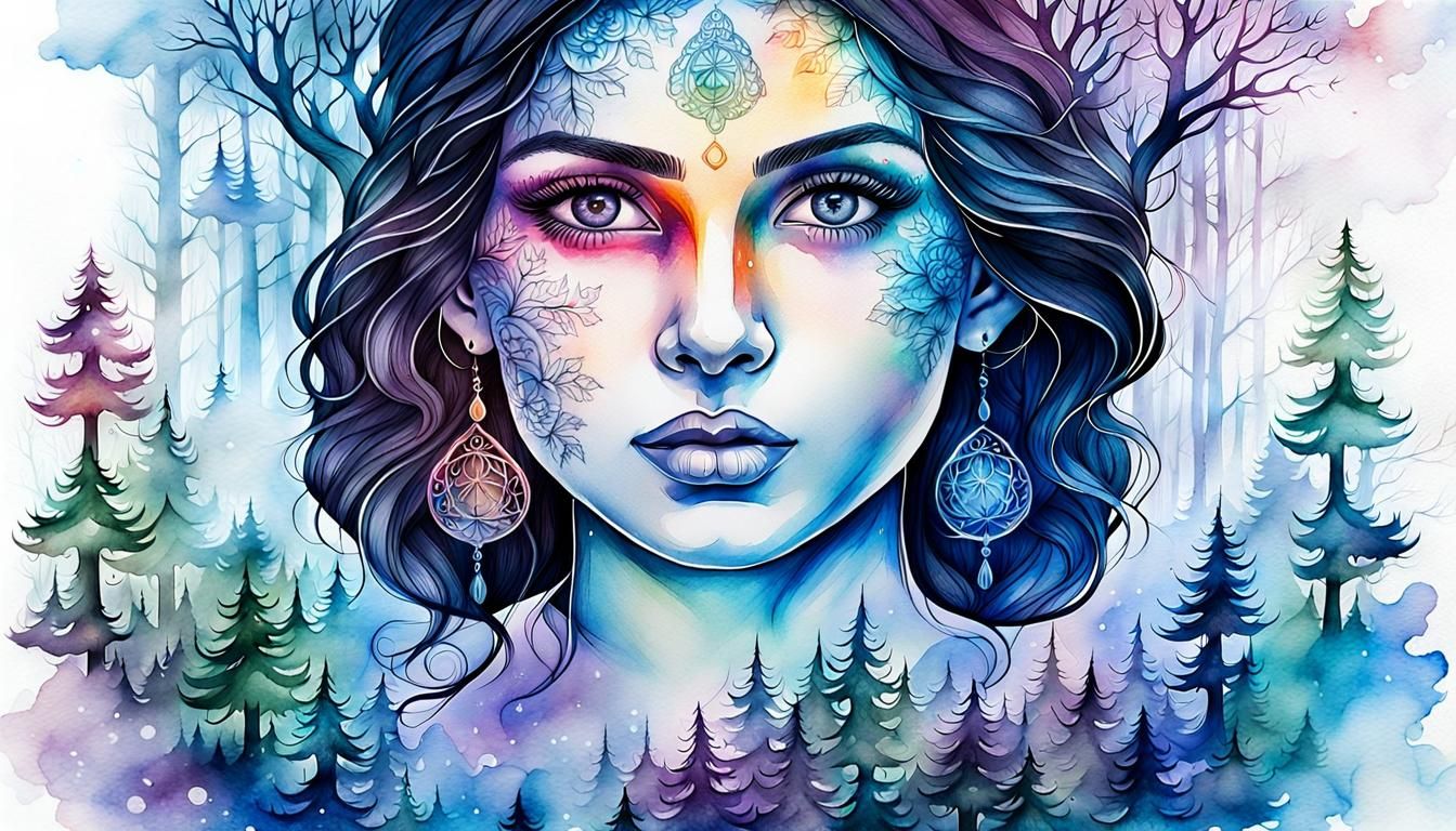 Goddess Ganga: Watercolor Portrait in Enchanted Forest