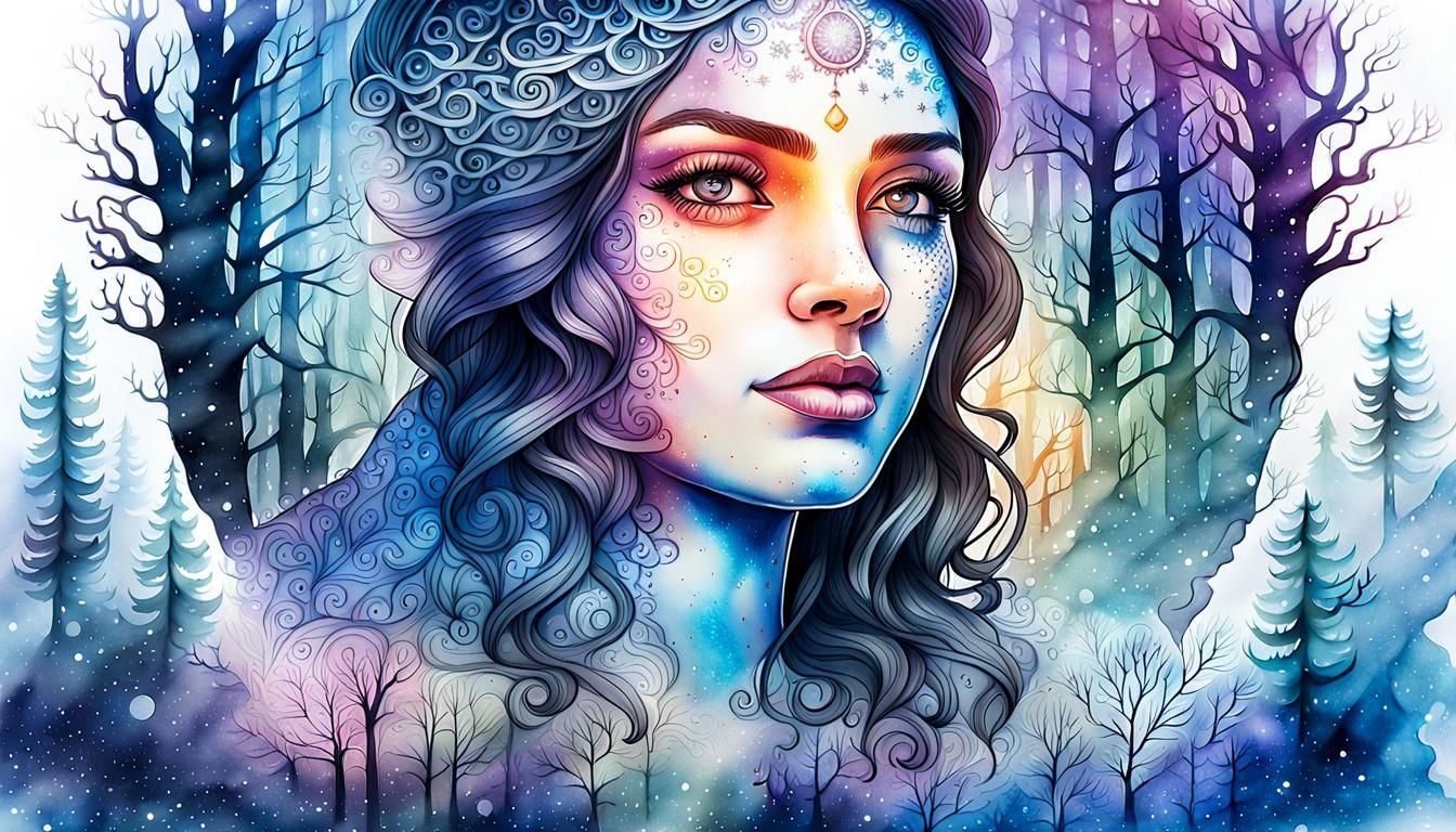 Goddess Ganga: Watercolor Portrait in Enchanted Forest