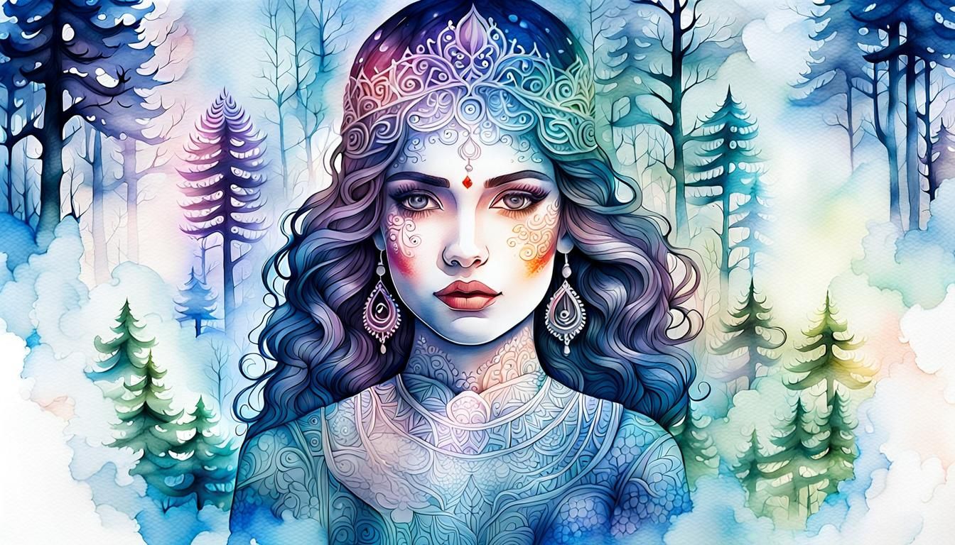 Goddess Ganga: Watercolor Portrait with Enchanted Forest