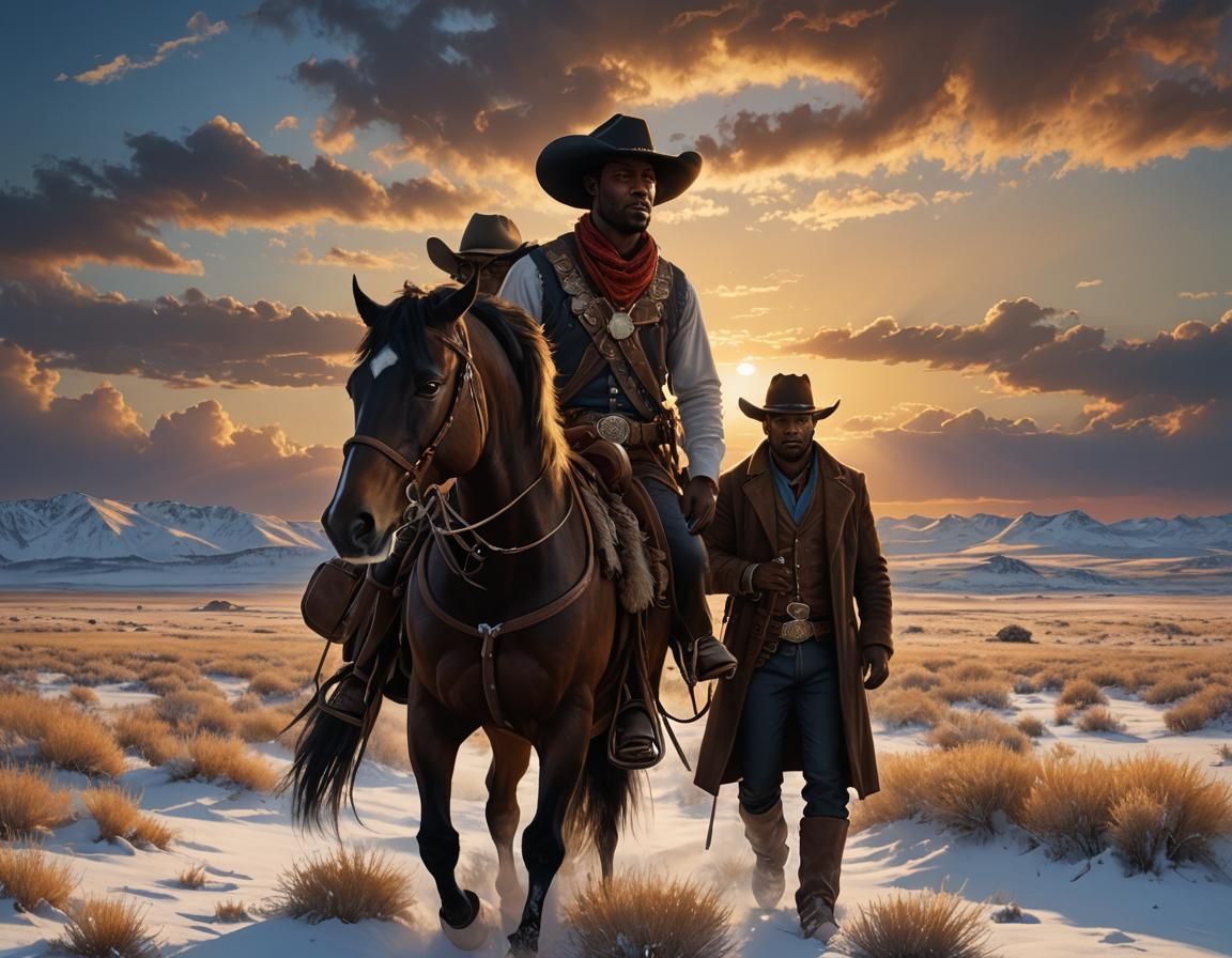 Lone Cowboy Sunset on Snowy Prairie, Matte Painting