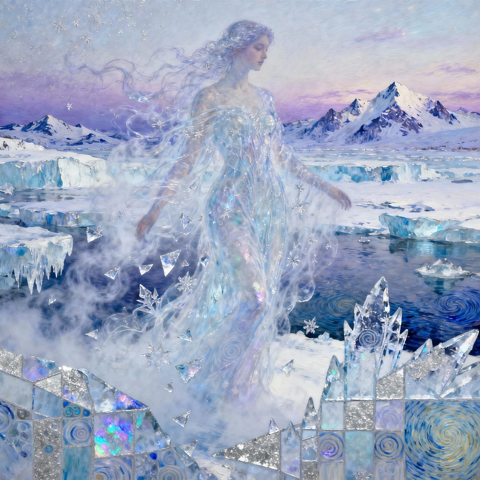 Ethereal Ice Goddess Dissolving into Winter Landscape