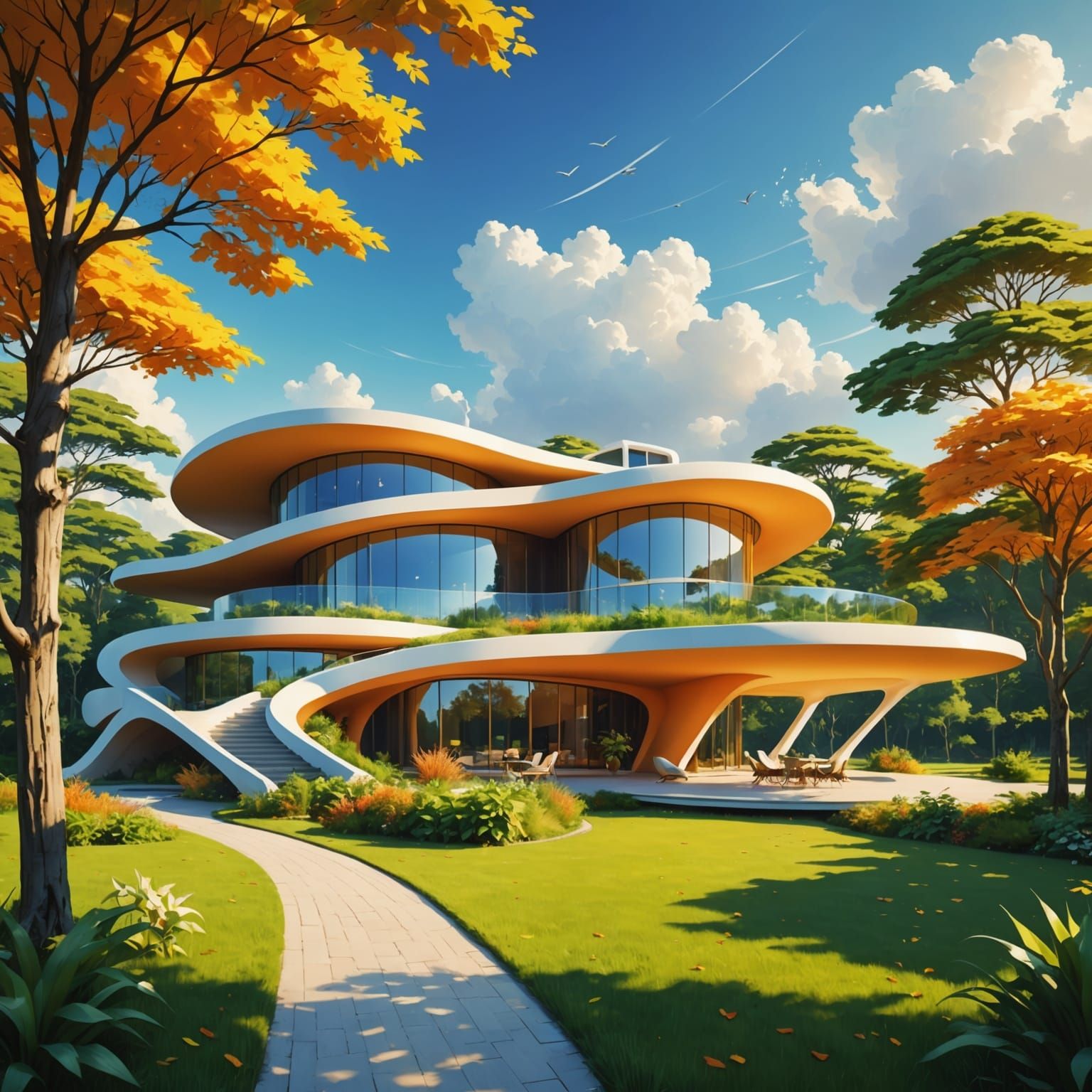 Surreal Futuristic Country Estate in Vibrant Orange and Yell...
